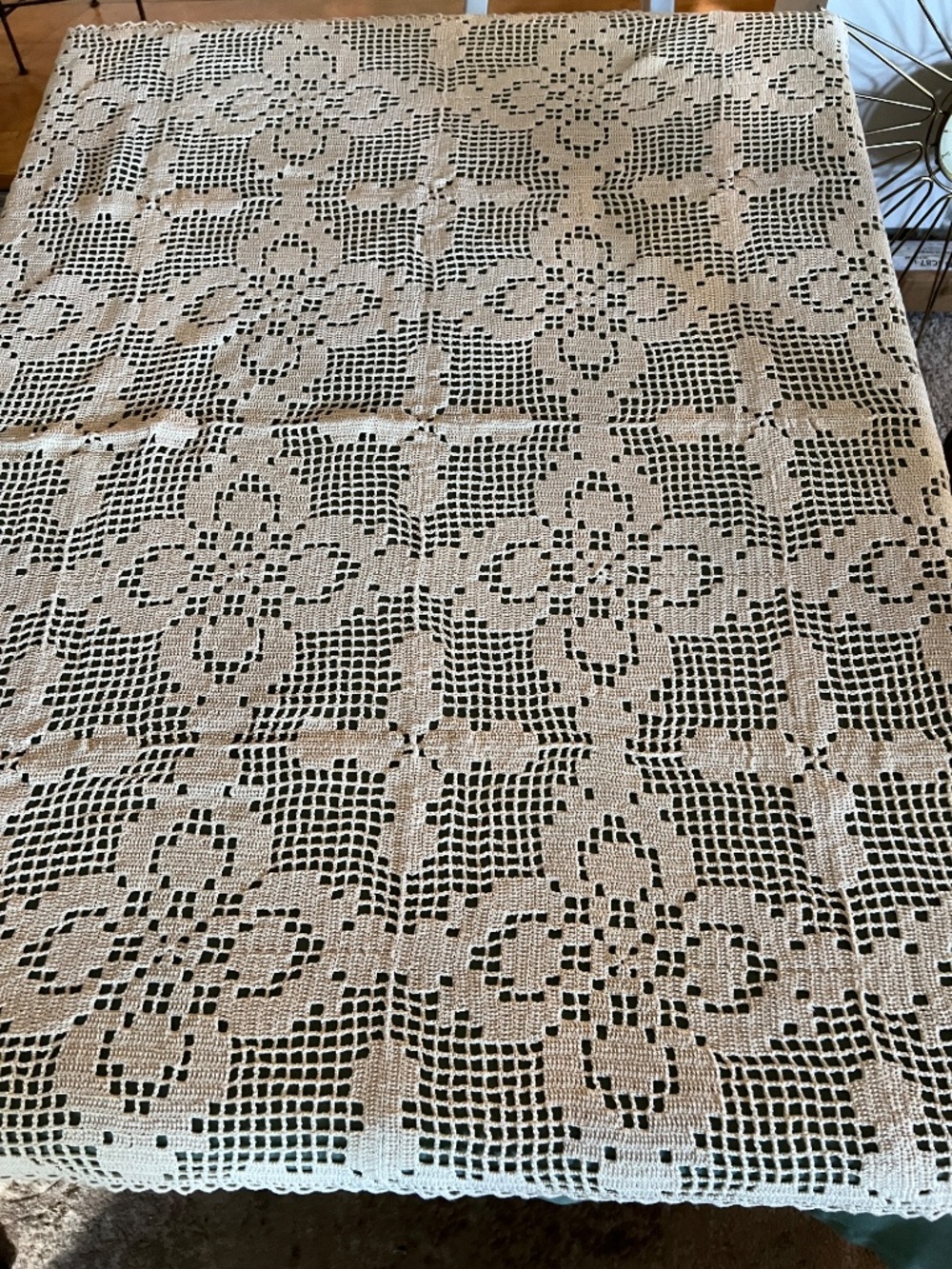 Crochet Tablecloth Cream Square Boho Farmhouse Shabby Chic 43" x 44" Handmade